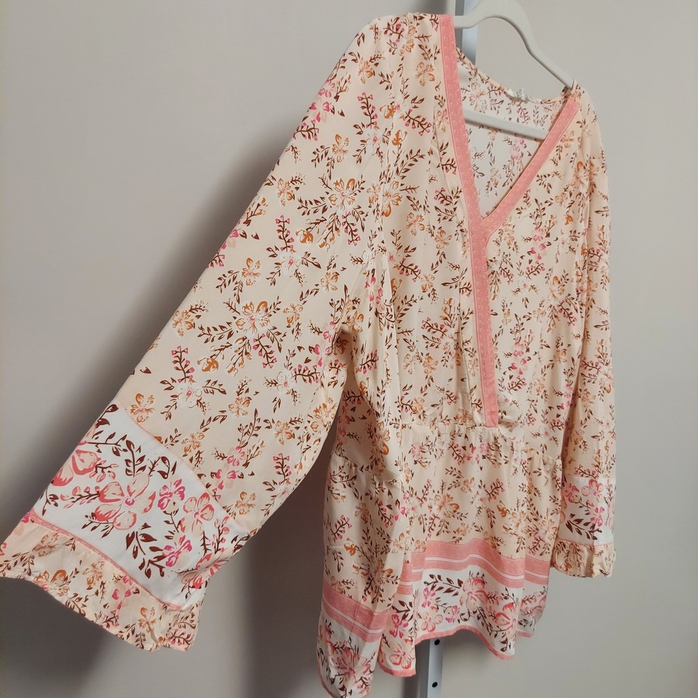 Cotton Bleu Womens 2X Floral Blouse Boho Bell Sleeve Pink Cottagecore Boho